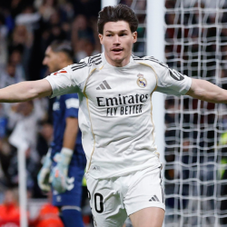 Fran García celebra su gol con el Madrid